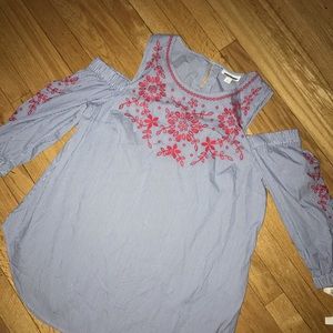 Pinstriped cold shoulder blouse